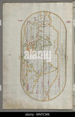 Piri Reis (Turco, 1465-1555). "Foglia dal libro sulla navigazione,' XVII - XVIII secolo. inchiostro, vernice e oro su carta. Walters Art Museum (W.658.41a): acquistato da Henry Walters. W.658.41a 1004 Piri Reis - ovale mappa del mondo - Walters W65841A - Pagina completa Foto Stock