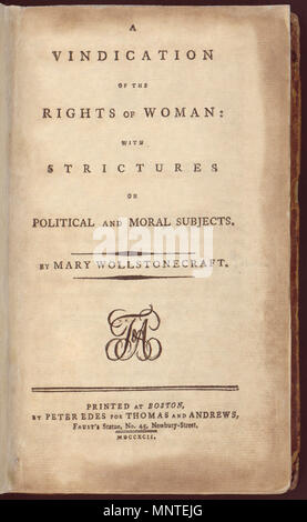 . Inglese: una affermazione dei diritti della donna nella pagina del titolo dalla prima edizione americana. Français : Pagina titre de la première édition américaine de défense des droits de la femme par Mary Wollstonecraft. 1792. Mary Wollstonecraft (1759-1797) 1239 vendetta1b Foto Stock