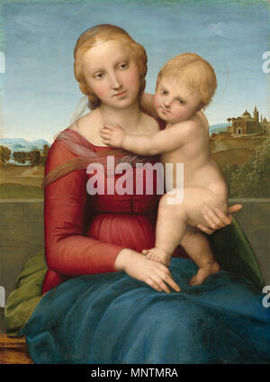 Pittura; olio su pannello; complessivo: 59,5 x 44 cm (23 7/16 x 17 5/16 in.) incorniciato: 86,2 x 71,4 x 8,3 cm (33 15/16 x 28 1/8 x 3 1/4 in.); Madonna col Bambino . Inglese: la piccola "Cowper' Madonna Italiano: La piccola Madonna Cowper "' . circa 1505. 1038 Raffaello Madonna Cowper Foto Stock
