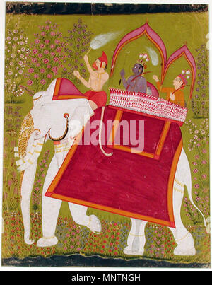 . Inglese: Titolo serie: Rama di viaggio nome Suite: Ramayana Data di creazione: tardo XVIII secolo Dimensioni display: 16 15/16 in. x 13 1/16 in. (43 cm x 33.2 cm) Linea di credito: Edwin Binney terza raccolta numero di adesione: 1990.703 Collezione: <a href='http://www.sdmart.org/art/our-collection/asian-art' rel="nofollow">Il San Diego Museum of Art</a> . Il 6 settembre 2011, 14:29:17. Inglese: thesandiegomuseumofartcollection 1041 Rama e Lakshman nel howdah di un elefante bianco con Hanuman come mahout (6125101262) Foto Stock