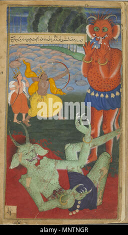 . Inglese: Folio dal Ramayana di Valmiki (la maggiore libertà di Ramayana), Vol. 1, folio 38; recto: testo; tergo: Rama e Laksmana affrontare i demoni Marica e Subahu 1597-1605 Mohan , (indiano, dinastia Mughal acquerello opaco, inchiostro e oro su carta H: 26,1 W: 13,9 cm India del Nord dono di Charles Lang Freer F1907.271,38 . tra 1597 e 1605. Mohan , (indiano, dinastia Mughal (durata di vita: (indiano, dinastia Mughal ) 1041 Rama e Laksmana affrontare i demoni Marica e Subahu Foto Stock