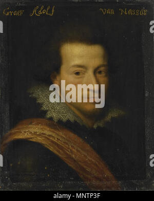 Ritratto di Adolf, Conte di Nassau-Siegen . Ritratto di Adolf, Conte di Nassau-Siegen. Busto, rivolto verso destra in armatura. Parte della serie di Leeuwarden, una serie di ritratti dei funzionari militari da ottanta anni di guerra come pure membri della casa di Orange-Nassau, per la prima volta documentata nel 1633 nell'Stadhouderlijk Hof (Stadholder's Court) in Leeuwarden (vedere l'oggetto storia). Tra circa 1609 e 1633. 1043 Adolf van Nassau-Siegen Foto Stock