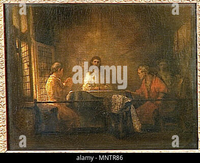 Inglese: i pellegrini di Emmaus 1660 Français : Pèlerins d'Emmaüs . Questo oggetto è indicizzato in RKDimages, database dell'Istituto olandese per la storia dell'arte, al di sotto del riferimento 239735. Čeština | English | français | македонски | Nederlands | +/- database Joconde: entrata 000PE008567 . Gennaio 1660. 1050 Rembrandt - i pellegrini di Emmaus Foto Stock