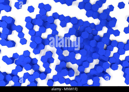 Sfondo astratto con esagono patterns, rendering 3D, blu su bianco Foto Stock
