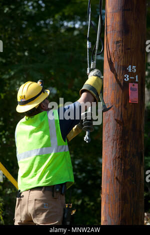 Aggiornato il servizio elettrico essendo installati su recentemente installato un palo telefonico lungo una strada rurale nel Vermont Foto Stock