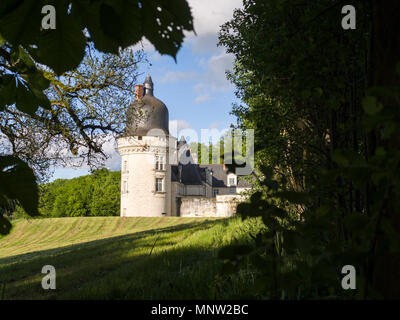 Torre esterna particolare del Chateau du Gue-Pean: Questo ben conservato castello nella regione della Loira di Francia è circondato da un fiorente allevamento di cavalli. Foto Stock