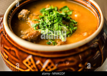 Una deliziosa zuppa di gulasch fatta in casa con la carne e il prezzemolo finemente tritato. In ceramiche. Messa a fuoco selettiva. Close-up. Foto Stock