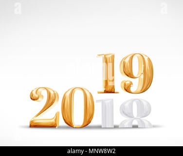 2018 Modificare al 2019 anno nuovo numero aureo (rendering 3d) su bianco camera studio sfondo,Holiday celebrazione card Foto Stock