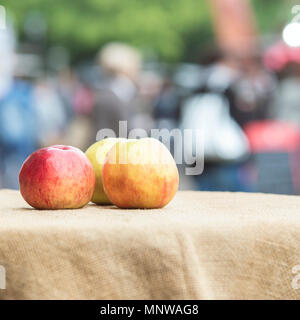 Tre multi-colore di mele mature giacciono su una tovaglia strutturata come un simbolo del raccolto al festival Foto Stock