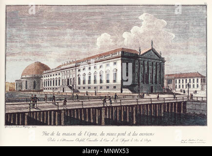 . Deutsch: Das Königliche Opernhaus di Berlino, heute Staatsoper Unter den Linden, im Jahr 1773. Links die Hedwigskirche, im Vordergrund die hölzerne Neustädtische Brücke über den alten Festungsgraben, die uomo 1774 durch die steinerne Opernbrücke ersetzte (die selbst 1817 abgerissen wurde). Rechts der Seitenflügel des Palais Schwedt, der 1774 für den Neubau der Königlichen Bibliothek (heute Alte Bibliothek) beseitigt wurde. Radierung von Johann Georg Rosenberg. Inglese: la Royal Opera House di Berlino, ora Opera di Stato Unter den Linden, nel 1773. La santa Edvige la Chiesa può essere visto sulla sinistra. T Foto Stock