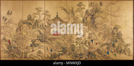 Inglese: Roukaku Sansui Zu(Paesaggio con torre) 日本語: 楼閣山水図 . A sinistra di una coppia di sei-sezione Schermate di piegatura (byōbu) dipinta in cinese meridionale lo stile della scuola. Questa schermata raffigura l'Zuiweng Arbor a Mount Langya in cui letterati di tenere un incontro. Inglese: metà del XVIII secolo 日本語: 江戸時代 . 1075 Roukaku Sansui Zu Foto Stock