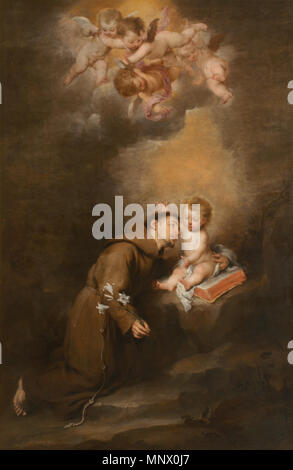 Chiesa di Sant Antonio da Padova con il bambino . Español: San Antonio de padova se halla en el centro del lienzo y aparece de cuerpo entero y arrodillado e inclinado suavemente hacia delante para abrazar con su brazo izquierdo al Niño Jesús, que está sentado sobre onu libro, aunque al mismo tiempo acepta El abrazo del santo y con su mano derecha le muestra El Cielo. . Tra circa 1668 e circa 1669. 1083 Chiesa di Sant Antonio da Padova con il bambino Foto Stock
