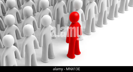 Leader o il concetto di distinzione. La Folla di white figure umane, uno rosso figura davanti, su sfondo bianco, copia dello spazio. 3d illustrazione Foto Stock