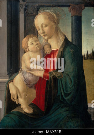 Pittura; tempera su pannello; complessivo: 74,5 x 54,5 cm (29 5/16 x 21 7/16 in.) incorniciato: 113,7 x 94,9 x 8,6 cm (44 3/4 x 37 3/8 x 3 3/8 in.); Madonna e Bambino circa 1470. 1093 Sandro Botticelli - Madonna e Bambino, c. 1470 Foto Stock