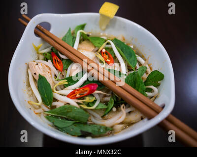 Bello e invitante foto di un tradizionale vietnamita zuppa di noodle al pollo, anche sapere come Pho Ga. In una ciotola bianco con sfondo di legno e luxuri Foto Stock