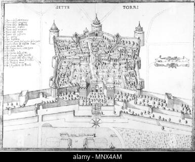 . Inglese: La Fortezza Yedikule ("Fortezza delle sette torri") e il Golden Gate a Costantinopoli/Istanbul, così come è stato progettato da Fr. Scarella in ca. 1685 . 1685. Francesco Scarella 1098 Scarella - Yedikule Foto Stock