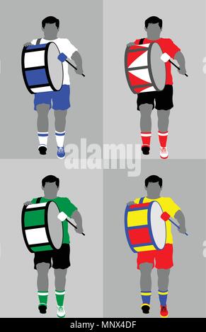 Sport sostenitore silhouette con il tamburo. Tutti gli oggetti e quattro diverse sagome sono in diversi strati. Illustrazione Vettoriale