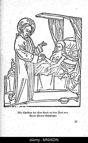 . Inglese: Guarigione Pietro madre-in-legge (xilografia) Deutsch: Heilung der Schwiegermutter des Simon Petrus (Holzschnitt) . 1485. Unknown 1106 SchwiegermutterPetriHolzschnitt1485 Foto Stock