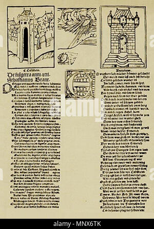 . Deutsch: Lateinisch-deutsches Flugblatt von 1492 über den 'Donnerstein von Ensisheim', ein Steinmeteorit, der im selben Jahr bei Ensisheim im Elsass niederging. 1492. Sebastian Brant (1458-1521) nomi alternativi Sebastian Brandt; Sebastinus Brant; Sebastianus Brant; Sebastian Descrizione del marchio tedesco scrittore e umanista Data di nascita e morte 1458 10 Maggio 1521 Luogo di nascita e morte Strassburg Strassburg sede di lavoro Basilea; autorità di Strasburgo controllo : Q60351 VIAF: 29530930 ISNI: 0000 0001 2277 8284 ULAN: 500340117 LCCN: N50043226 NLA: 35021396 WorldCat 1108 Sebastian Brant, Foto Stock