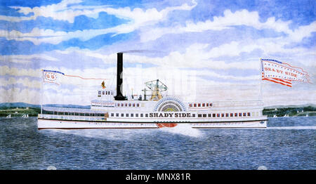 . Inglese: lato ombreggiato, battello a vapore costruito 1873, acquerello su carta da James Bard. Questa nave è servita fino al 1922, e negli anni successivi è stata parte del Black Star Line, che era di proprietà di en:Marcus Garvey. Il vapore racchetta lato ombroso di New York, numero ufficiale 115180, stazza 444, gros 329 net, costruita a tori traghetto, N.J., nel 1873. Il proprietario originale: Nord e East River Steam Boat Company.[1] . Data sconosciuta. James Bard (1815-1897) nomi alternativi james bard; jas bard Descrizione pittore americano Data di nascita e morte 15 Ottobre 1815 26 marzo 1897 Luogo di nascita e morte di New York City Wh Foto Stock