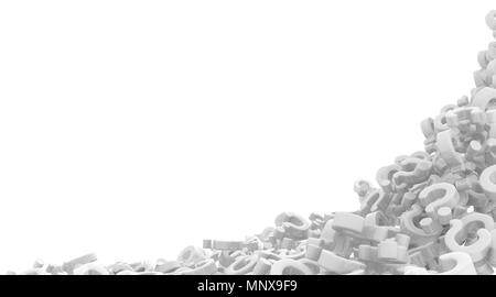 Punto interrogativo bianco simboli, 3d illustrazione astratta, orizzontale, su bianco, isolato Foto Stock