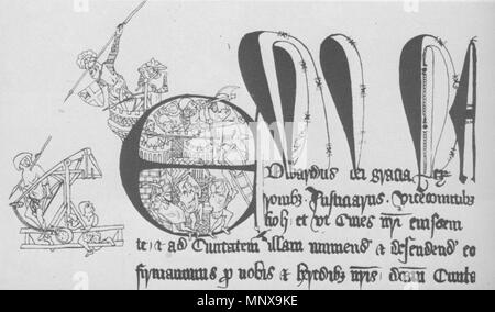 . Inglese: l'iniziale da un royal charter ricevuto da Carlisle. Andrew Harclay, 1° Conte di Carlisle, identificabile con lo stemma sul suo scudo, è visto nella torre, gettando spears a soldati di seguito. Questo comemmorates Harclay's resiste con successo all'assedio di Carlisle Castle da Robert I di Scozia nel luglio e agosto 1315. 1316. Unknown 1119 assedio di Carlisle 1315 Foto Stock