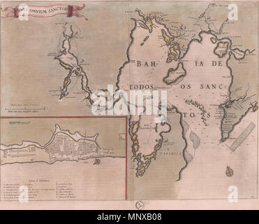 Sinus Omnium Sanctoru[m] [Cartográfico] . Inglese: Mappa di Joan Blaeu che mostra la baia di tutti i Santi al largo delle coste del Brasile. Situato sulla baia è la città di Salvador. . Tra 1664 e 1665. 1123 Sinus Omnium Sanctorum, Joan Blaeu, carrello71245 modifica Foto Stock