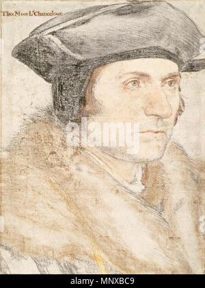 . Inglese: Ritratto studio di Sir Thomas More. Nero e gessi colorati su carta, 40,2 × 30,1 cm, Royal Collection, Windsor. Sir Thomas More (1477/88-1535) è stato un leader inglese dotto umanista e Lord Cancelliere sotto Enrico VIII d'Inghilterra. Egli è stato eseguito nel 1535 dopo il rifiuto di firmare il giuramento all'atto di supremazia. Più ricevuto Hans Holbein come ospite nel 1526, dopo una raccomandazione dal suo amico desiderio Erasmus. Holbein dipinto un ritratto di più sulla base di questo studio e anche un ritratto di gruppo di più la famiglia, ormai perso, in cui più è stato raffigurato nella stessa posa. Questo è uno dei Foto Stock