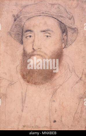 Ritratto di Sir William Sharington . Inglese: il disegno ha sofferto di sfregamento. L'orecchio, contorno di fronte, ecc. sono state ritoccate a mano di un altro. Holbein il mancino shading può essere visto nel cappello. Sir William Sharington o Sherington (c. 1495-1553), è stato pagina del re vesti. Nel 1546 fu nominato Vice-Treasurer della Zecca a Bristol, dove divenne implicati nella frode di Thomas Seymour, primo Baron Sudeley, sotto il regno di Edward VI. Egli è stato perdonato e in 1552 è diventato lo sceriffo del Wiltshire. Riferimento K. T. Parker, disegni di Hans Holbein al Castello di Windsor Foto Stock