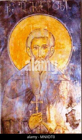 . Inglese: il 11esimo secolo churchman georgiano George di Athos. Un affresco con asomtavruli Georgian lettere dal monastero di Akhtala (ora Armenia) . Xii secolo. Unknown 1136 St George di Athos (affresco Akhtala) Foto Stock