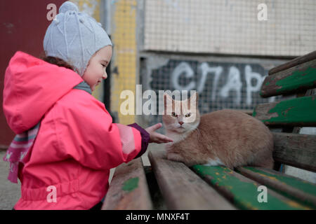 Bambina e cat sulla strada Foto Stock