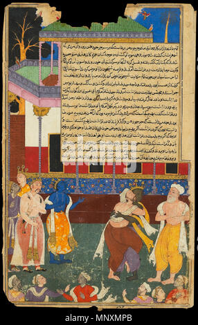 . Inglese: il cieco Dhritarashtra attacca la statua di Bhima India del nord, 1616 - 1617 sul display Descrizione Dettagli ulteriore lettura associato posto Asia " India " India del nord (luogo di creazione) Data 1616 - 1617, periodo Mughal (1526 - 1858) artista/maker Qasim (attivo del XVII secolo) associate persone Abd ur-Rahim Khankhanan (1556 - 1626) (Commissario) Materiale e tecnica gouache con oro su carta di dimensioni frame 48,2 x 34,2 x 1,7 cm (altezza x larghezza x profondità), Pittura 38,2 x 23,3 cm (altezza x larghezza) indice di materiale cartaceo, tecnica di oro inde Foto Stock