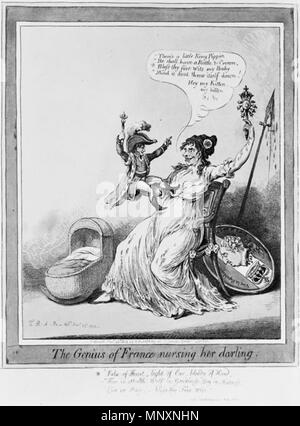 . Inglese: cartone animato che mostra la Francia, un savage virago, dandling un piccolo Napoleone seduto sulla sua mano e indossa una veste reale oltre il suo abito militare. Sopra la sua testa ha un sonaglio con campane sormontato da una corona. Ella sorride a mannikin, cantando: ... Accanto a lei sono la sua lancia grondanti sangue e la protezione, con la testa di spurgo di Louis XVI al di sopra di una corona invertita, con le iscrizioni: Vive la Republique e l'ultimo dei re. Media: 1 stampa : incisione, colore. Londra : pubd. da H. Humphrey, 1804.. James Gillray (1756-1815) nomi alternativi James Gilray; Gillay; Gillray Descriptio Foto Stock