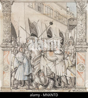 . Inglese: l umiliazione dell'imperatore Valeriano da Shapur, re di Persia. Penna e inchiostro su chalk preliminare disegno, grey wash e acquarello, 28,5 × 26,8, il Kunstmuseum di Basilea. Holbein ha richiamato questo come un modello per i suoi murales per la camera di consiglio del Municipio di Basilea. Oltre a pochi frammenti, i murales stessi sono ormai perso. Questo disegno proviene dalla prima fase di Holbein di lavoro sul progetto, quando racconti classici sono stati utilizzati per ricordare consiglieri della necessità di un buon governo e mettere in guardia contro il rischio di abuso di potere. (Quando Holbein riprende il lavoro dopo i suoi due anni di visita a en Foto Stock