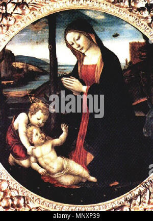 Italiano: Madonna col Bambino e San Giovannino Madonna con San Giovannino . Inglese: Questo è il dipinto intitolato " La Madonna con San Giovannino', intorno al XV secolo, probabilmente dipinta da Domenico Ghirlandaio. Il dipinto raffigura Maria madre di Gesù guardando verso il basso mentre in background si può vedere una chiara immagine di ciò che appare essere un UFO volare sopra mentre un uomo su una battuta blocchi il sole con la mano e guarda lo strano oggetto volante nel cielo. Il Ghirlandaio di Adorazione del Bambino dalla Pinacoteca Ambrosiana si può anche chiaramente vedere uno strano 'flying object' Foto Stock