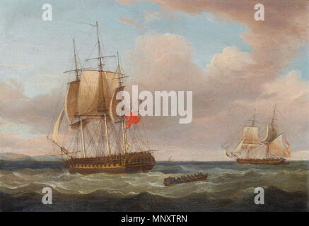 Inglese: H.M.S. "Pique' 40, pistole, Capitano C.H.B. Ross catturare il brigantino spagnolo 'Orquijo', 18 cannoni, 8th. Febbraio 1805 Data Sconosciuta. 1190 Thomas Whitcombe - H.M.S. "Pique' 40, pistole, Capitano C.H.B. Ross catturare il brigantino spagnolo 'Orquijo', 18 cannoni, 8th. Febbraio 1805 Foto Stock
