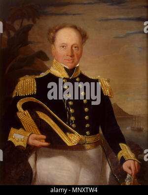 . Inglese: Richard Darton Thomas (1777-1857) unito British Royal Navy nel 1790. Il 10 gennaio 1837 fu nominato Ammiraglio e servito come comandante in capo della flotta del Pacifico dal 5 maggio 1841 al dicembre 1844. Infine egli ha salito al rango di Admiral del bianco 19 maggio 1857. Pittura di olio ritratto che si blocca nello stato in sala da pranzo presso il palazzo di Iolani. . Prima di 1857. non menzionati 1190 Ritratto di Ammiraglio Thomas Foto Stock