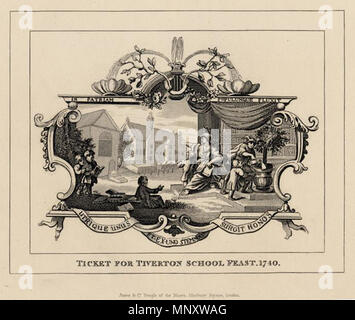 . Inglese: Biglietto per Blundell scuola della festa, Tiverton Devon, da William Hogarth (1740). Il disegno del vecchio edificio scolastico è così imprecisa che il Tiverton Historian Martin Dunsford ha scritto: "l'ha celebrato Hogarth nell'anno 1740, inciso una piastra per i biglietti di questa cena. Non si tratta di uno dei suoi sforzi più felici. Egli sembra non aver mai visto la scuola'. (Dunsford, Martin, memorie storiche della città e della parrocchia di Tiverton, LIBRO III, donazioni pubbliche, p.45, nota a piè di pagina[1]). La cena era un evento annuale, descritto da Dunsford come segue: (Dunsford, p.45) "L'ultimo Wednes Foto Stock