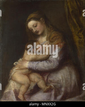 La Vergine allattamento neonato Cristo . 1196 Tiziano - La Vergine allattamento neonato Cristo - Google Art Project Foto Stock