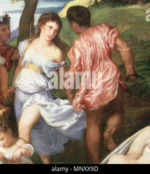 . Polski: Bachanalia Tycjana inglese: Bacco) dell'Andrians, 1522-1524; olio su tela; 175 × 193 cm (68,8 × 75,9 in) . tra 1522 e 1524. Tiziano (1490-1576) nomi alternativi Tiziano Vecelli; Tiziano Vecellio Descrizione pittore italiano, affresco pittore e disegnatore Data di nascita e morte tra 1485 e 1490 27 agosto 1576 Luogo di nascita e morte di Pieve di Cadore Venezia sede di lavoro Venezia (1498), Ferrara, Mantova, Padova (1511), Milano (1540), Roma (1545-1546), Firenze (1546), Augsburg (1548, 1550-1551), Costantinopoli (oggi Istanbul) (1555-1557) Autorità di controllo : Q47 Foto Stock