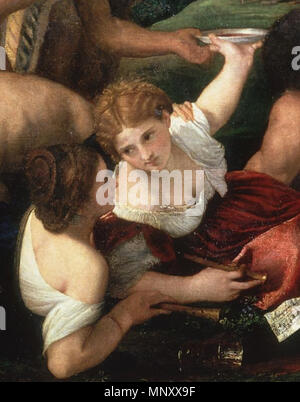 . Polski: Bachanalia Tycjana inglese: Bacco) dell'Andrians, 1522-1524; olio su tela; 175 × 193 cm (68,8 × 75,9 in) . tra 1522 e 1524. Tiziano (1490-1576) nomi alternativi Tiziano Vecelli; Tiziano Vecellio Descrizione pittore italiano, affresco pittore e disegnatore Data di nascita e morte tra 1485 e 1490 27 agosto 1576 Luogo di nascita e morte di Pieve di Cadore Venezia sede di lavoro Venezia (1498), Ferrara, Mantova, Padova (1511), Milano (1540), Roma (1545-1546), Firenze (1546), Augsburg (1548, 1550-1551), Costantinopoli (oggi Istanbul) (1555-1557) Autorità di controllo : Q47 Foto Stock