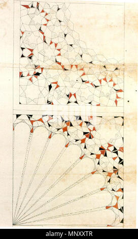 . Inglese: Pannello dalla Topkapı scorrere. Fondo a forma di ventola muqarnas radiale trimestre archivio. alto, a forma di guscio muqarnas radiale trimestre archivio. Türkçe: Topkapı Parşömeni'nden bir pannello. Altta, yelpaze şekilli ışınsal mukarnas çeyrek kubbe. Üstte, mukarnas çeyrek kubbe. Il 16 dicembre 2011. Autore sconosciuto di xv secolo Topkapi scorrere 1199 Topkapi scorrere P290 Foto Stock