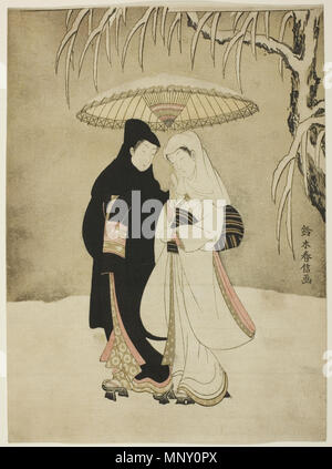 . Inglese: due amanti sotto un ombrello nella neve, Color woodblock stampa; chuban. 27.2 x 20.2 cm. Tenuto presso l'Art Institute of Chicago . circa 1767. Suzuki Harunobu (1725 (?)-1770) 1209 due amanti sotto un ombrello nella neve Foto Stock