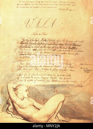 . Inglese: Vala, o Quattro Zoas pagina 3 . Il 25 marzo 2013, 23:29:28. William Blake (1757-1827) nomi alternativi W. Blake; Uil'iam Bleik Descrizione British pittore, poeta, scrittore, teologo, collezionista e incisore, Data di nascita e morte 28 novembre 1757 12 agosto 1827 Luogo di nascita e morte Broadwick Street Charing Cross sede di lavoro London Authority control : Q41513 VIAF: 54144439 ISNI: 0000 0001 2096 135X ULAN: 500012489 LCCN: N78095331 NLA: 35019221 WorldCat 1218 Vala, o Quattro Zoas Pagina 3 Foto Stock