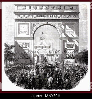 . Inglese: durante le feste organizzate per accogliere la Regina Elisabetta II nel 1858, con l'inaugurazione della ferrovia che lavora in Valladolid, sorse una grande architettura effimera di arco trionfale, su terreni attualmente occupati dalla Plaza de Zorrilla. Indietro si può vedere la Puerta del Campo. Español: Duranti las fiestas organizadas para recibir a la reina Isabel II en 1858, con la inauguración de las obras ferroviarias en Valladolid, se levantó onu triunfal arco de Arquitectura efímera, en el lugar actualmente ocupado por la Plaza de Zorrilla. Detrás puede ver Puerta del Campo. 1858. Questo file è privo di autore info Foto Stock