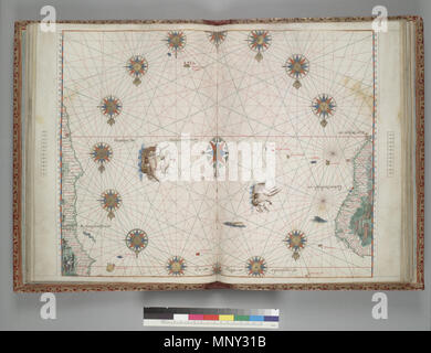. Inglese: Oceano Atlantico con costa dell Africa e Brasile. HM 29 "Vallard Atlas". PORTOLAN ATLAS/francese portoghese del XVI secolo Deutsch: Atlantischer Ozean mit den Küsten von Afrika und Brasilien. Chiamare il numero: HM 29 Folio: f. 6 . 1547. Anonimo cartografo portoghese 1219 Vallard Atlas 1547 6 Brasile Africa Oceano Atlantico Foto Stock