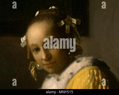 Una signora di scrivere una lettera . Vermeer, donna che scrive, dettaglio.JPG . circa 1665. vedere il nome o la categoria 1230 Vermeer, donna che scrive, dettaglio Foto Stock