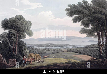 Inglese: "Vista da Holman' Norsk bokmål: "Prospettiva af Holmen" . No. XLVIII. Vista da HOLMAN. Il luogo in cui questo punto di vista è stato preso, è chiamato Holman, situato sulla strada di Christiania a Bogstad, in una vasta conca, fiancheggiata da una nobile anfiteatro di woody montagne, uno dei quali presenta sulla sua sommità un ampio lago. Nella foto, guardando sopra alcuni terreni coltivati, si vede la casa colonica, che dà il nome al luogo. Da essa vale scende progressivamente al margine di Christiania fiordo. Qui una piccola isola o istmo si presenta, sul quale le residenze estive del governatore e Com Foto Stock