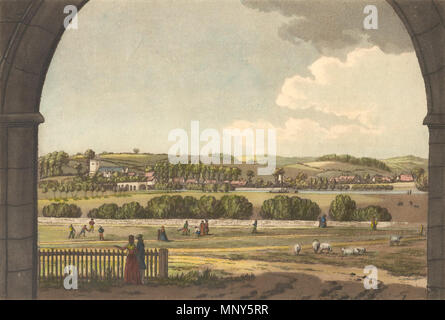 . Inglese: Vista di Caversham attraverso il gateway interno di lettura di Abbazia, 1791, mostrando il ponte e la chiesa, una vela-barcone sul fiume e una partita di cricket in primo piano. Xviii secolo : stampa, intitolata "Vista di Caversham attraverso il gateway,' disegnata e incisa da Charles Tomkins. No. 8 del suo 'Viste della Abbazia di lettura". Vi è una versione in bianco e nero a Dynix 1205198. 1791. Charles Tomkins 1234 Vista di Caversham attraverso il gateway interno di lettura di Abbazia, 1791 Foto Stock