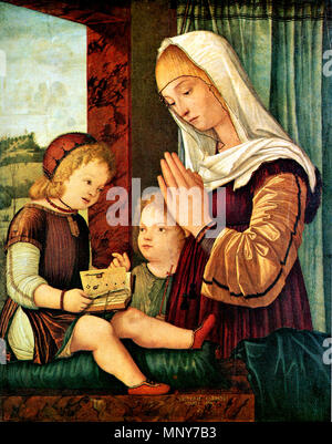 Inglese: Madonna con Bambino e i giovani di San Giovanni Battista a circa 1499-1500. 1242 Vittore Carpaccio Madonna con il Bambino e i giovani di San Giovanni Battista Foto Stock